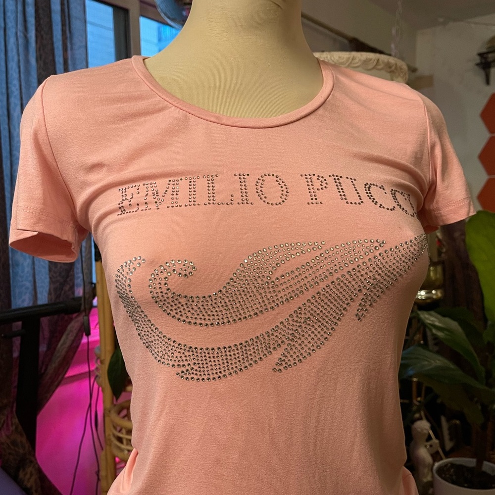 Emilio Pucci baby pink rhinestone tshirt